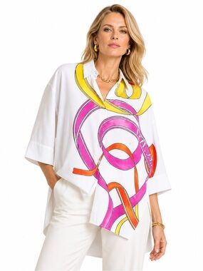 Escada Sport Ribbon Print Tunic Shirt Oversized Button Up Art Blouse White 10